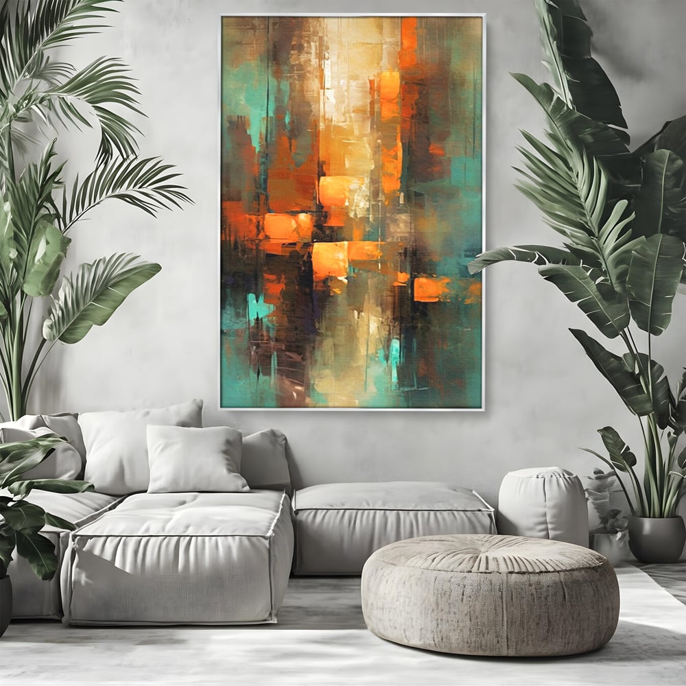 Tablou canvas cu pictura abstracta cu linii verticale, in rama de aluminiu argintiu, pe perete intr-un living